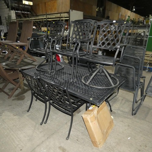 3057 - A rectangular metal garden dining table approx 175 x 104cm and 6 matching chairs (2 are swivel chair... 