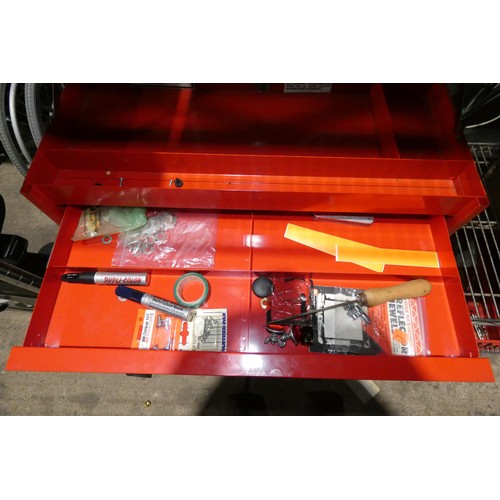 3066 - A Snap On red metal tool cabinet with 3 drawers and a lift up front / top approx 61 x 27 x various 9... 