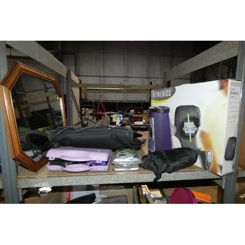 3111 - A quantity of various household items including a Homedics compact shiatsu massager, books, a mirror... 