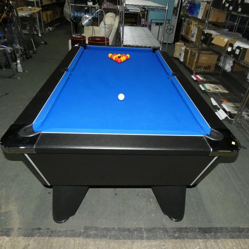 3219 - A good quality pool table by DPT, blue cloth, playing area 6ft x 3ft supplied with balls, cues etc