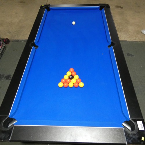 3219 - A good quality pool table by DPT, blue cloth, playing area 6ft x 3ft supplied with balls, cues etc