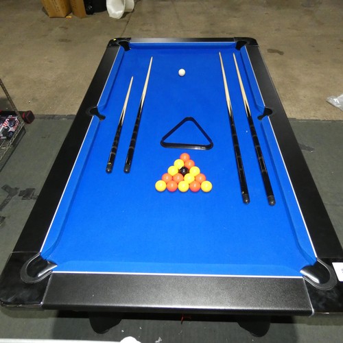 3219 - A good quality pool table by DPT, blue cloth, playing area 6ft x 3ft supplied with balls, cues etc