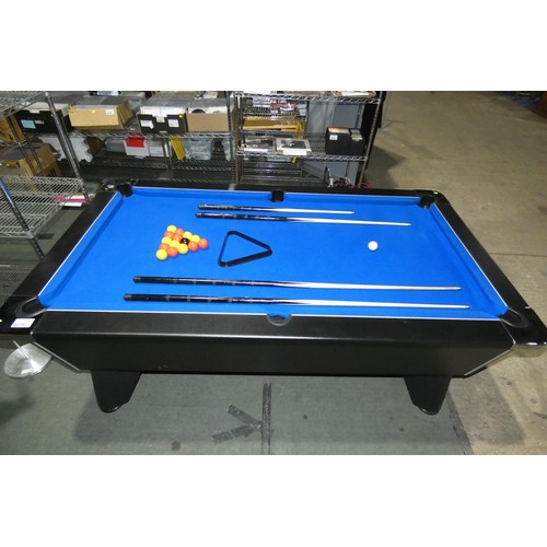 3219 - A good quality pool table by DPT, blue cloth, playing area 6ft x 3ft supplied with balls, cues etc