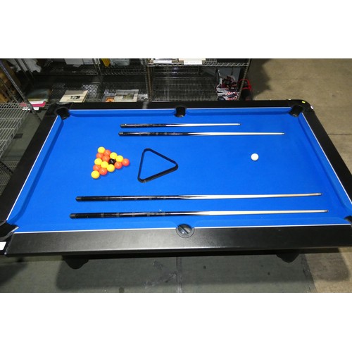 3219 - A good quality pool table by DPT, blue cloth, playing area 6ft x 3ft supplied with balls, cues etc