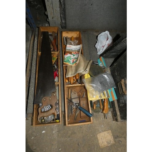 3022 - 1 wooden carpenters box containing a quantity of various vintage wood working tools including wooden... 