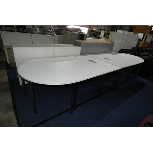 2319 - A white oval six section meeting room table overall approx 450cm x 150cm comprising 4 x rectangular ... 