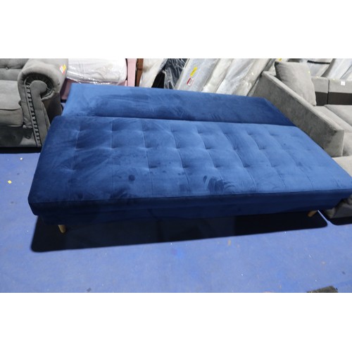 1384 - A blue upholstered sofa bed approx 200cm wide. Please note that this sofa bed is missing both the en... 