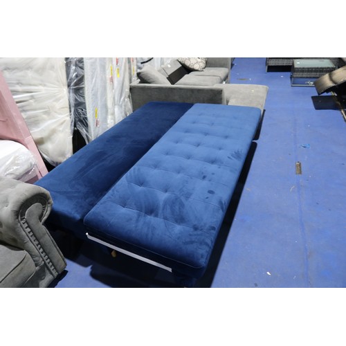 1384 - A blue upholstered sofa bed approx 200cm wide. Please note that this sofa bed is missing both the en... 