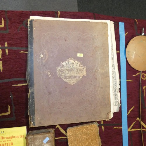 4086 - 1 leather bound volume of Paradise Lost dated 1738, a vintage Atlas and various other small books