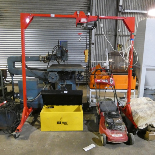 5059 - A red metal wheeled workshop gantry frame fitted with a Berlan BSZ500, 240v winch. Gantry is approx ... 