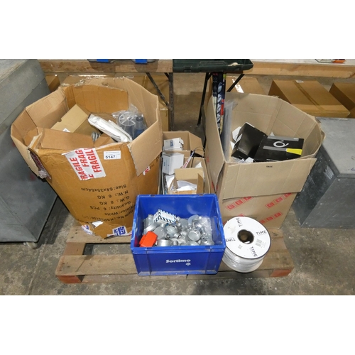 5147 - 1 pallet containing a quantity of various items including filter cartridges, a reel of coaxial cable... 