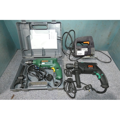 5187 - A Bosch drill, a Skil drill and a Sparky jigsaw - all three items are 240v