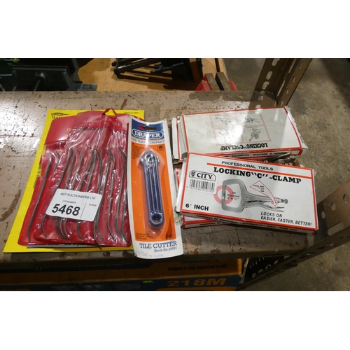 5468 - 4 x locking 6inch C clamps, a Draper tile cutter and a quantity of various needle / riffler files