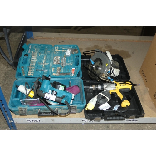 5483 - A Makita KP0810 power plane 110v, a Dewalt drill 110v, a MacAllister circular saw 240v and a part se... 