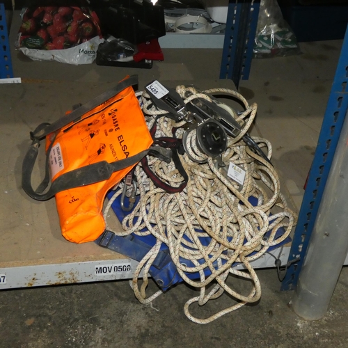 5485 - A length of rope with 3 x Shorhoist pulleys attached and a Sabre Elsa 10 minute escape set (last saf... 