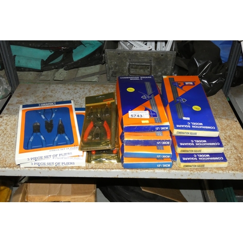 5743 - A quantity of Draper pliers, Banner snap ring pliers and combination squares. Contents of 1 shelf