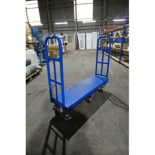 5858 - A blue metal six wheel trolley with handles at both ends, bed size approx 119 x 38cm (ex-manufacturi... 