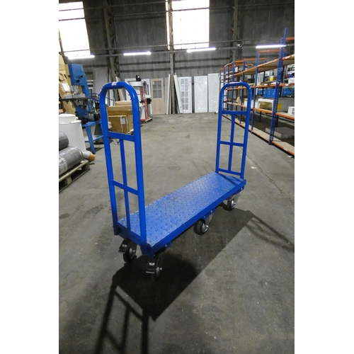 5859 - A blue metal six wheel trolley with handles at both ends, bed size approx 119 x 38cm (ex-manufacturi... 