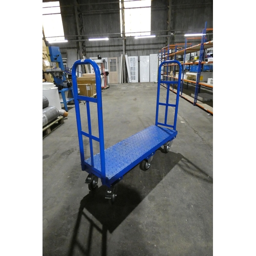 5860 - A blue metal six wheel trolley with handles at both ends, bed size approx 119 x 38cm (ex-manufacturi... 