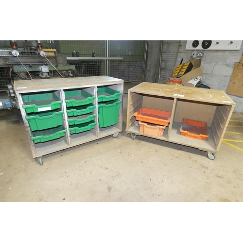 9 - 2 x wheeled workshop benches each approx 102cm wide