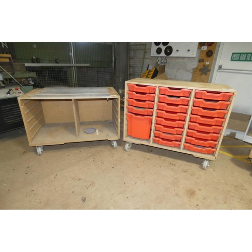 10 - 2 x wheeled workshop benches each approx 102cm wide