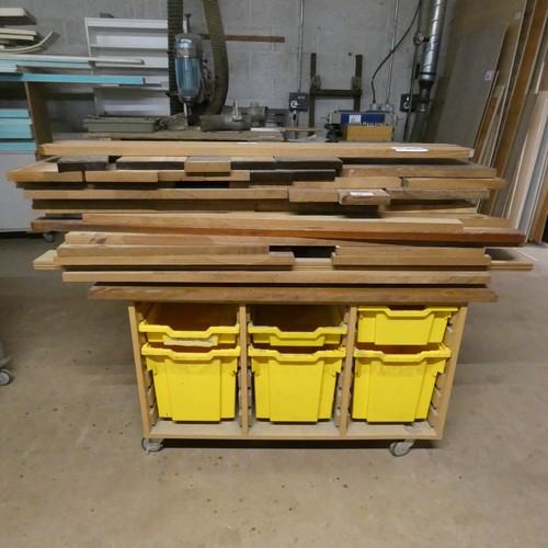 54 - A quantity of various size / type pieces of hardwood - Contents of a wheeled workshop bench which is... 