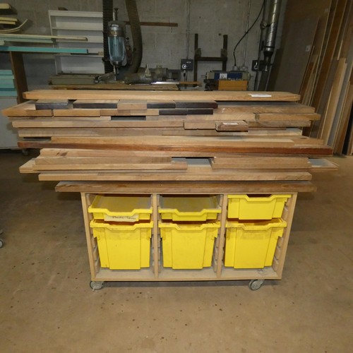 54 - A quantity of various size / type pieces of hardwood - Contents of a wheeled workshop bench which is... 