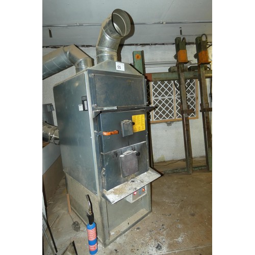 55 - A Fabbri model F55CV blown air workshop waste wood burning stove (55kw) with flue fan, YOM 2011, 240... 