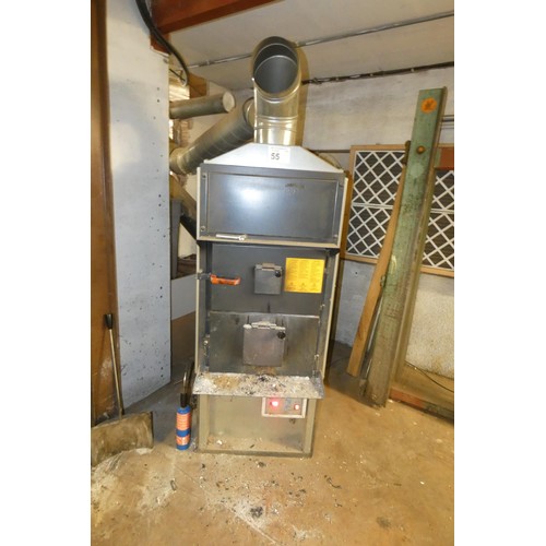 55 - A Fabbri model F55CV blown air workshop waste wood burning stove (55kw) with flue fan, YOM 2011, 240... 