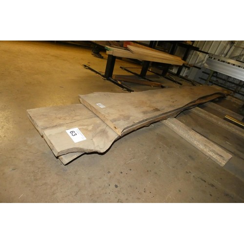 63 - 3 x Ash waney edge boards, 2 at approx 444cm long / 1 at approx 316cm long, all 3 approx 4cm thick a... 