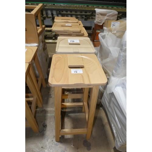 70 - 4 x Beech stools each approx 75cm high. Please note that currently 3 have Beech seat pads fitted and... 