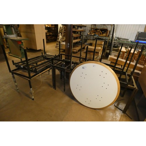 93 - A quantity of various metal table frames and 2 circular table tops