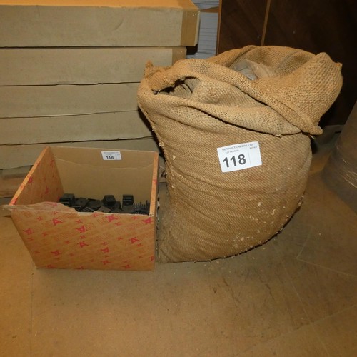 118 - A bag containing a large quantity of 10mm wooden dowels and a box containing a quantity of black pla... 