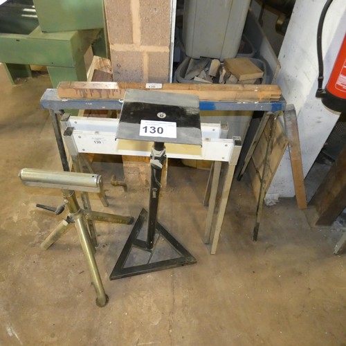 130 - 3 x trestle stands, 1 x black metal adjustable height stand by Adam Hall and 1 x adjustable height s... 