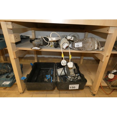 150 - A MacAllister circular saw, an angle grinder, an iron and 3 x plug boards - all items are 240v