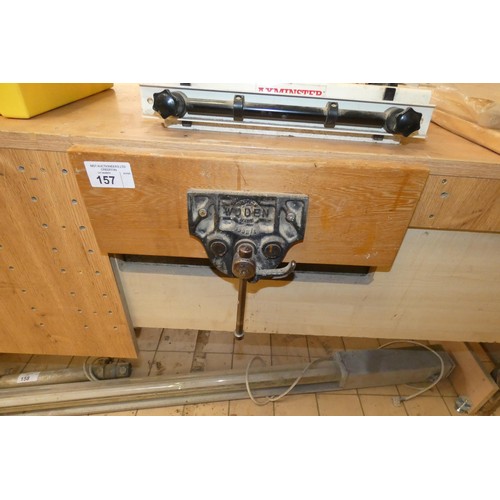 157 - A work bench with a Woden wood working vice fitted approx 275 x 90cm