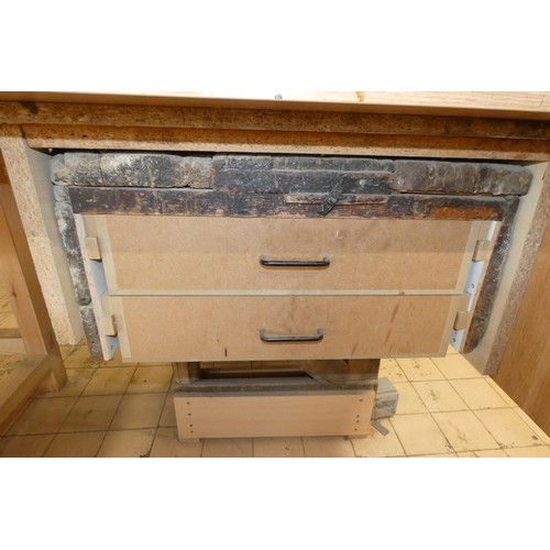 157 - A work bench with a Woden wood working vice fitted approx 275 x 90cm