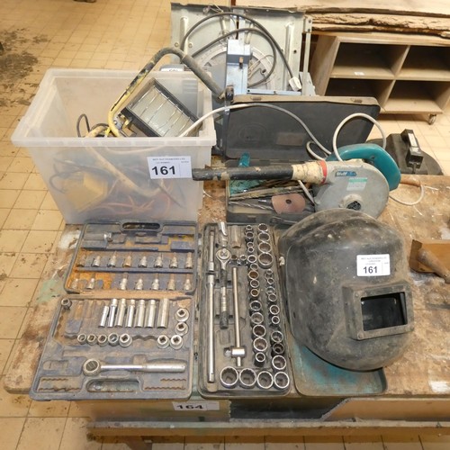 161 - A quantity of various items including sockets, work lights, a welding mask, drill bits, a Wolf air b... 