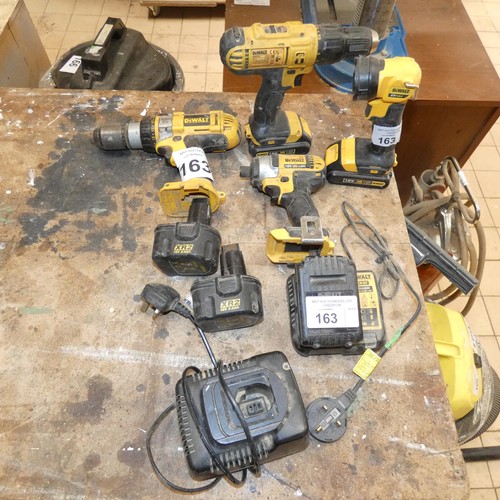 163 - 3 x Dewalt cordless tools supplied with 3 x batteries / 1 charger and 1 x Dewalt cordless drill with... 