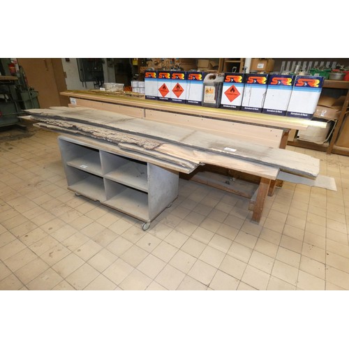 168 - 6 x various wooden boards. Longest is approx 266cm and please note the wheeled trolley these wooden ... 