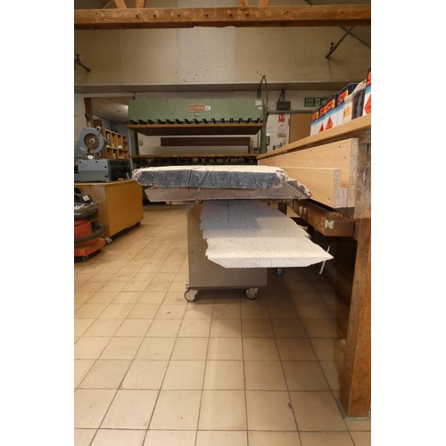 168 - 6 x various wooden boards. Longest is approx 266cm and please note the wheeled trolley these wooden ... 