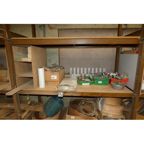 187 - A quantity of various items including caster wheels, plastic bags etc. Contents of 1 shelf