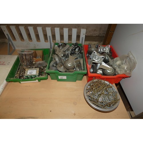 187 - A quantity of various items including caster wheels, plastic bags etc. Contents of 1 shelf