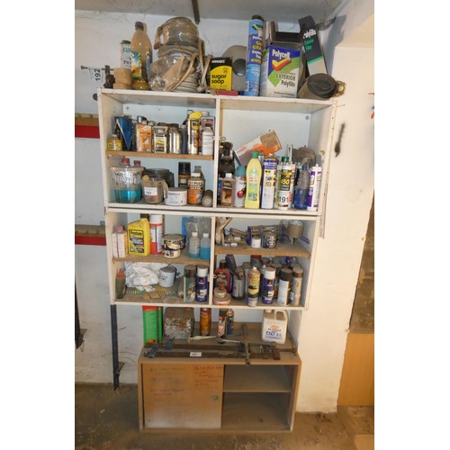 191 - A quantity of various items including consumable products (WD40, dyes, polish etc) and 2 x sash cram... 