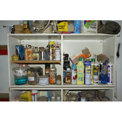 191 - A quantity of various items including consumable products (WD40, dyes, polish etc) and 2 x sash cram... 