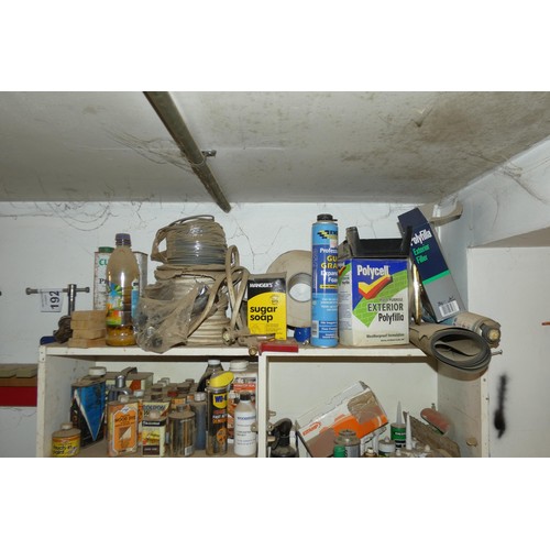 191 - A quantity of various items including consumable products (WD40, dyes, polish etc) and 2 x sash cram... 