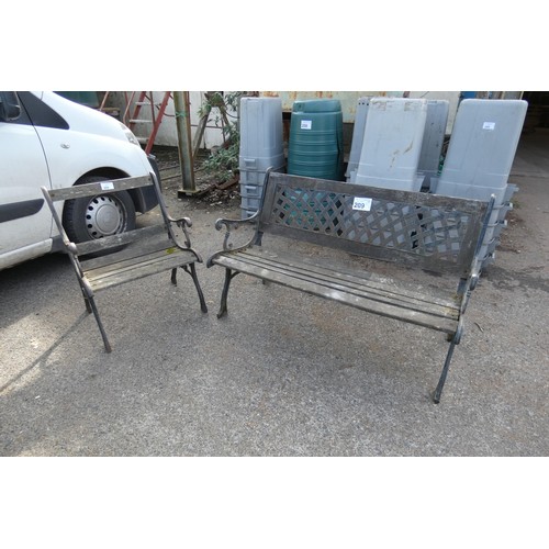 209 - A wood / metal garden bench and one matching chair. Please note that most of the wood requires repla... 