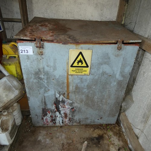 213 - A metal storage bin containing a quantity of various cans of Acrylic and PU paints. Both storage bin... 