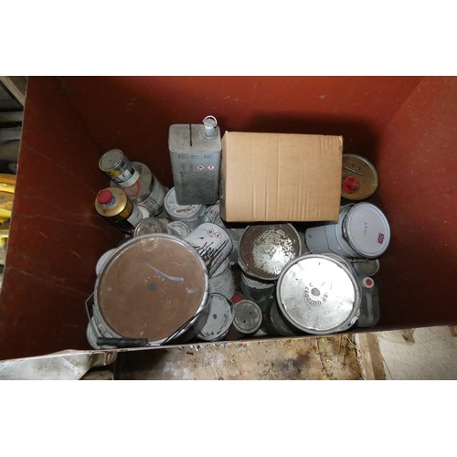 213 - A metal storage bin containing a quantity of various cans of Acrylic and PU paints. Both storage bin... 