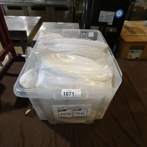 1071 - A box containing a quantity of various size white tablecloths, viewing is recommended.
